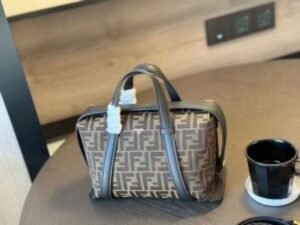 FENDI BOSTON 365 BROWN FF JACQUARD FABRIC BAG