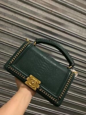 CHANEL BOY CROCODILE LOOKS HANDBAG ( GREEN ) BAG WITH BOX